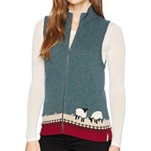 WOOLRICH Sweater Vest Wool White Sheep Green Red Full Zip, Size XL